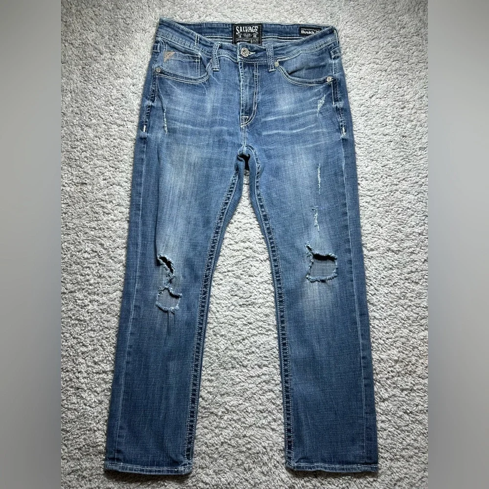 Salvage Jeans Mens 33 Havoc Straight Slim Fit Big Stitch Distressed Holes Party